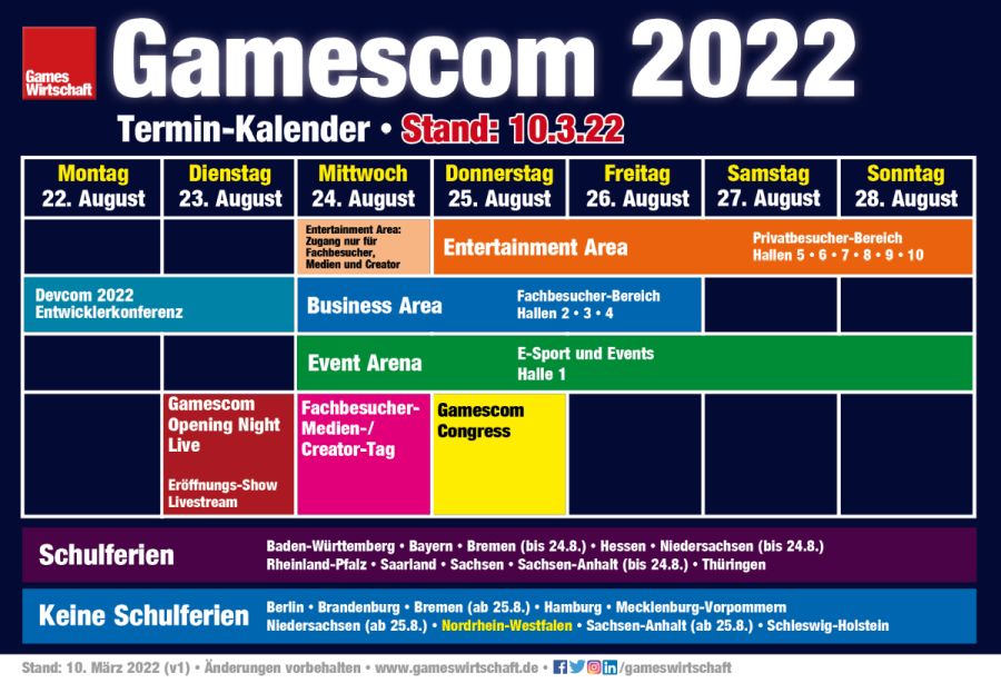 Jadwal awal Gamescom 2022 (mulai 23 Maret 2022 - dapat berubah sewaktu-waktu)